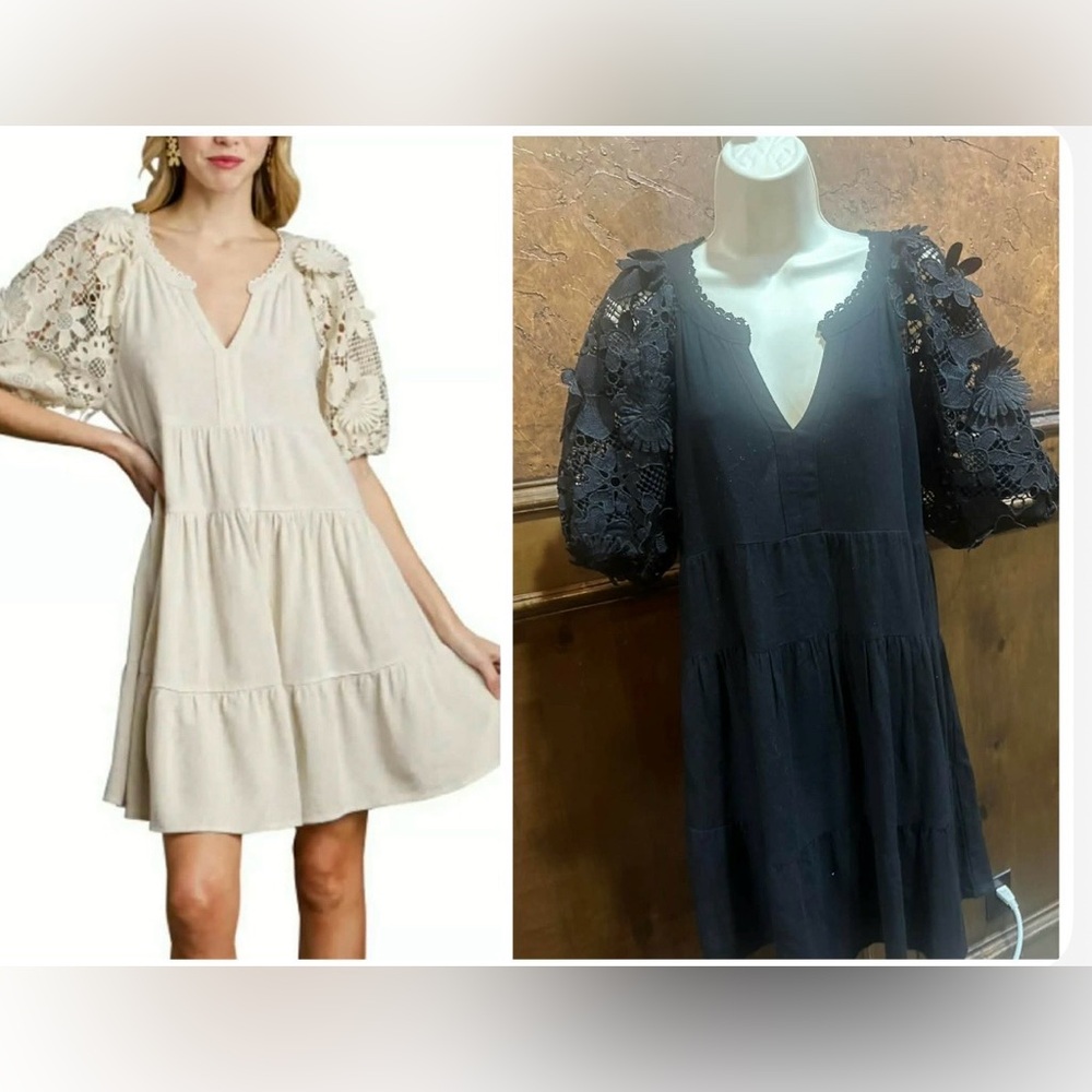 Umgee Mini Dress with Crochet Puff Sleeves - Cream and Black